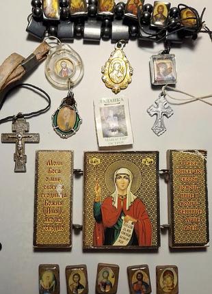 Браслет гематит иконы, и бусины деревянные, крестик православный, ладанка, светлана иконка, 10 вещей набор