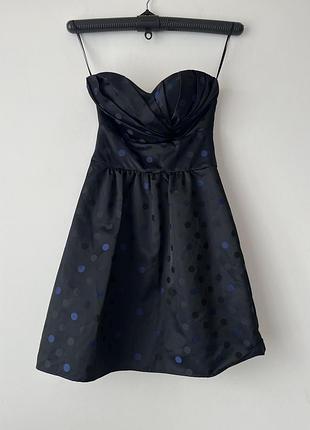 Темно-синя сукня плаття в горошок бандо без бретелей спідницею дзвінок