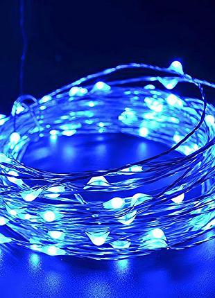 Гирлянда роса на батарейках и от usb, 10м, 100led, xmas, синий свет