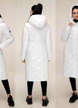 Мегастильний (з мітенками) стьобаний лаковий зимовий пуховик міді білий серпанок, р.44-54, україна