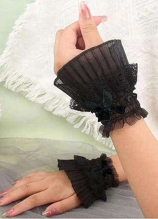 Женские черные накладные кружевные рукава-эластичные манжеты с оборками и с бантиком, легкие съемные рукава без пришивания