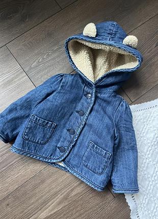 Джинсова куртка на штучній овчині для дівчинки 6-12 міс 74 80 см з капюшоном з вушками на ґудзиках геп gap