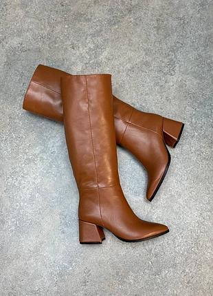 Чоботи з італійської шкіри руді коричневі на підборах
