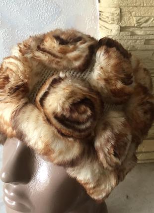 Шерстяная шапка с вязаным мехом кролика — бежевая —56—59 см