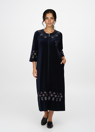 Длинный велюровый халат темно синий на молнии 1920