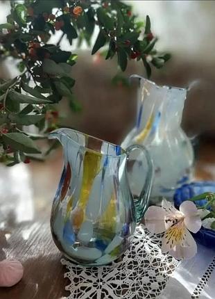 Вінтаж! ✨💙 1960-ті меланжеве скло різнокольоровий глечик інтерʼєрний для води кухоль ваза