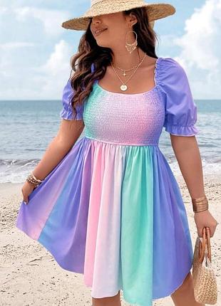 Жіноча сукня міді в принт градієнт з рукавом буфом на гумкою на грудях
