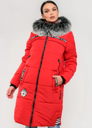 Длинная зимняя женская куртка с мехом на силиконе oazis красная9 фото