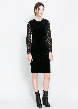 Zara бархатное платье миди с кружевом