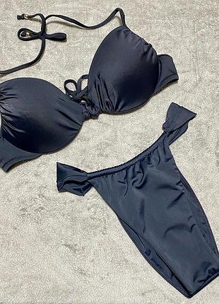 Купальник раздельный черный на косточках без пуш ап высокие плавки s-m