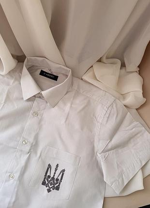 Світло сіра підліткова теніска, з принтом «тризуб» на кишені