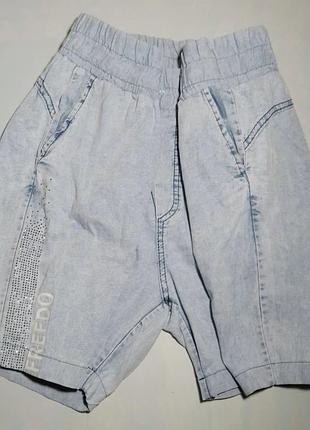 Шорты м 12 голубые широкие длинные, на резинке, хлопок, принт джинс, карманы
