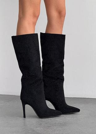 Premium! жіночі чорні чоботи на шпильці демісезонні чоботи на флісі весна осінь