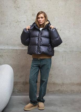 Короткий пуховик пуфер зі з'ємним капюшоном з водовідштовхувальної плащівки