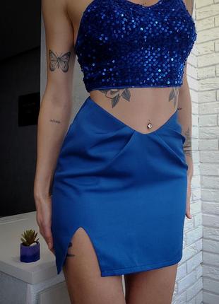 Спідниця міні з розрізом синя висока посадка