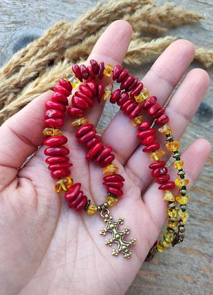 Червоне намисто з коралу, бурштину ручної роботи ′жар долонь′
