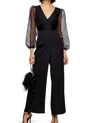 Вечерний черный комбинезон topshop с прозрачными рукавами из органзы и широкими брюками, размер s-m (uk 10)