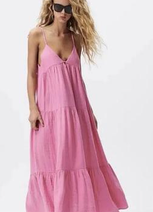 Zara 💖 рожева об'ємна бавовняна поплінова сукня максі .