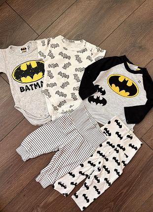 Набір лот комплект речей для новонародженого боді короткий рукав кофта лонгслів штани лосини в полоску з кажанами 50 56 см бетмен batman марвел dc h&m