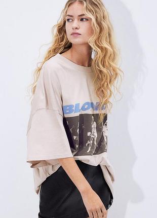 Широкая футболка оверсайз бежевый топ из хлопка от h&m