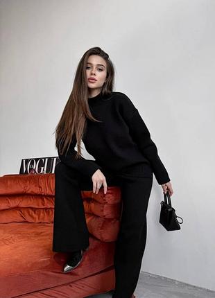 30% шерсть тёплая вязаная трикотажный костюм оверсайз свитер мирер под горло с разрезами брюки прямые на высокой талии