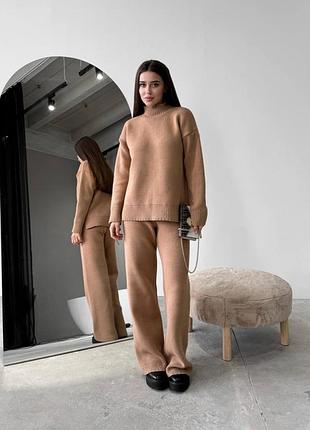 30% шерсть тёплая вязаная трикотажный костюм оверсайз свитер мирер под горло с разрезами брюки прямые на высокой талии