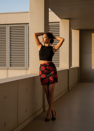 Женская мини юбка двойная сетка принт розы