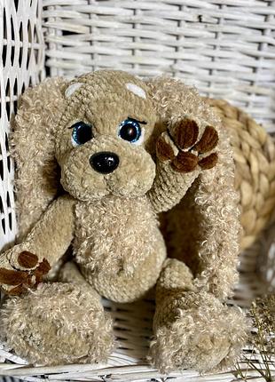 Собачка ручної роботи, вʼязана іграшка, цуцик, цуценя, песик з плюшу, пес ручна вʼязка , мʼяка іграшка спаніель