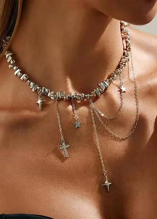 Колье «звездный путь» с крестиком и цепочками