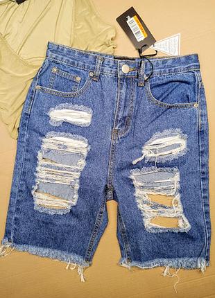 Джинсові шорти довгі з розрізами prettylittlething