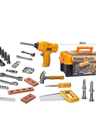 Комплект строительных инструментов t 034 (12) с дрелью, пилой, молотком, отверткой, линейкой, болтами, гайками и креплениями в
