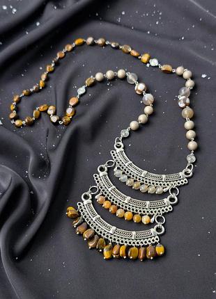 Длинное ожерелье - сотуар в коричневых тонах | гармология спокойствия| (тигровой глаз, агат, кварц)