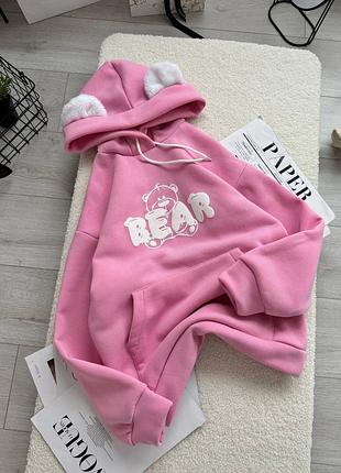 Худі жіноче флісове на флісі тепле зимове базове з капюшоном кофта світшот оверсайз якісне рожеве сіре молочне біле