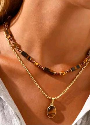 Мод.2 комплект, сет прикрас подвійне кольє, намисто, камінь тигрова око, позолота