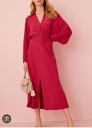 Яскрава міді сукня сорочка фуксія з розрізом  плаття об'ємний рукав