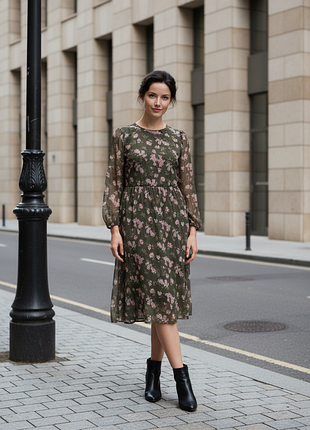 Ярусна сукня міді на підкладці з довгим рукавом квітковий принт