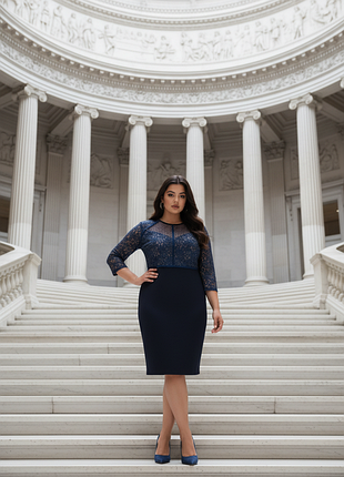 Ошатна ділова сукня міді футляр з мереживним верхом та сіткою