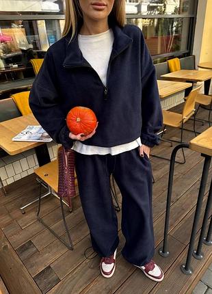 Мʼякий жіночий флісовий спортивний костюм кофта на блискавці із куліскою по низу та штани джогери оверсайз крою на резинці