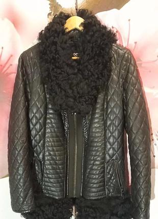 Куртка з натуральної шкіри стьобана чорна натуральна шкірянка з справжнім кручених об'ємним каракулем (вівця)