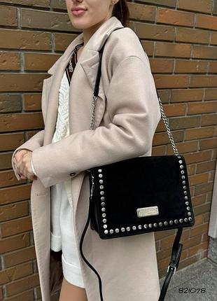 Женская сумка замш + кожа / женская сумка замша кожа • черная • 2 ремешка (цепочка + регулируемая)