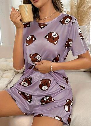 Сиреневая женская пижама с медведями, фиолетовая пижама мишки: футболка и шорты, размер l