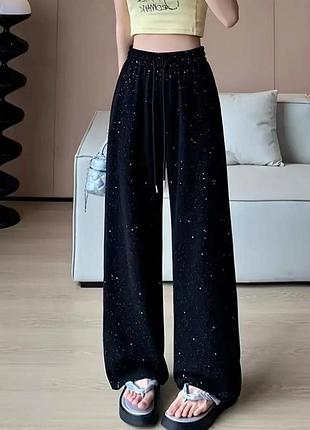 Штани з блискітками, альпака на трикотажі, брюки палаццо, камінці