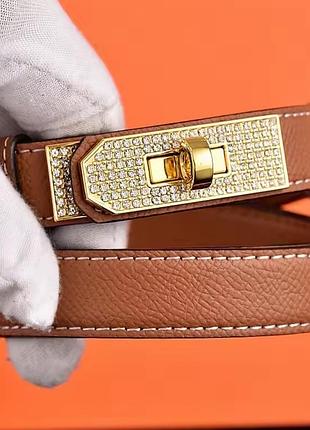 Ремінь 2см шкіра китай, пояс з шкіри в стразах ремні, ремінь рижий золото з камінням ремінь шкіряний пояс коричневий стиль хермес келлі hermes kelly