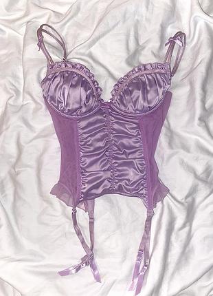 Топ корсет з чашками лавандовий атласний з сіточкою та підтяжками