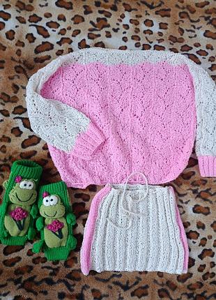 Комплект вязаный девушке свитерик юбка носки игрушки 4-6р