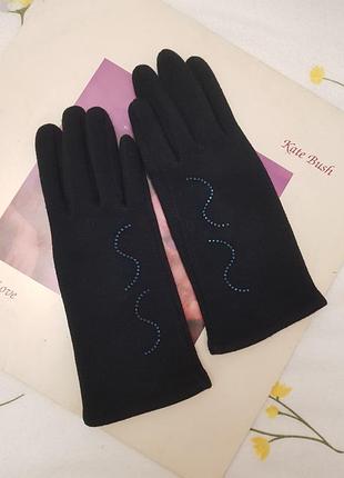 Синие перчатки со стразами фетровые мягкие