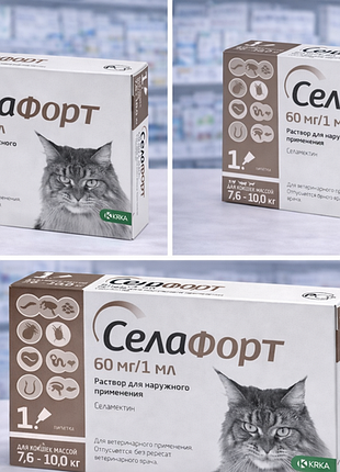 Селафорт для кошек весом 7,6-10кг от блох, клещей и гельминтов
