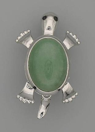 Брошь кулон черепаха нефрит 52х35мм+ - подвижные детали серебристый металл