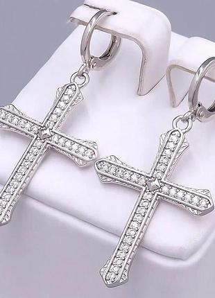 Серьги-крестики женские хр. ювелирный сплав. роди. камни: белый циркон 062