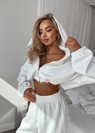 Топовий жіночий спортивний костюм оверсайз крою укорочений зіп худі на блискавці та штани палаццо на резинці